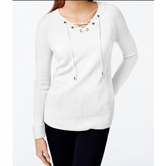 Calvin Klein Ivory Lace Up Sweater - Picture 3 of 13